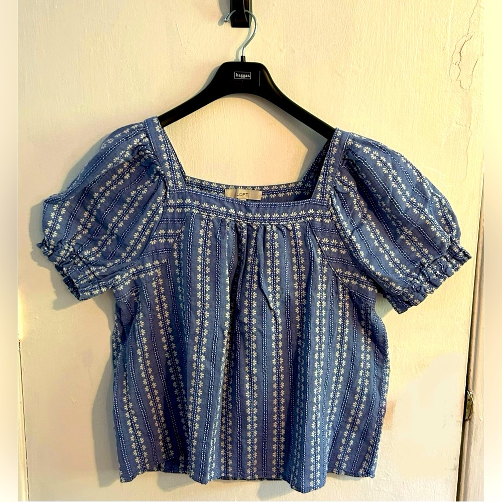 Loft Jacquard Puff Sleeve Square Neck Top